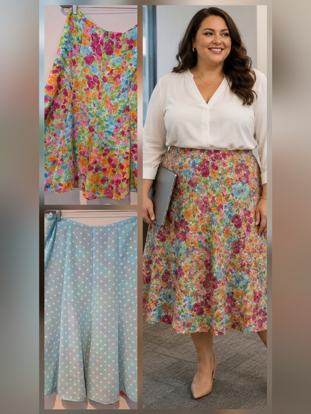 Emma James Size 14 Reversible Midi Skirt Floral & Polka-dot Prints Career Modest